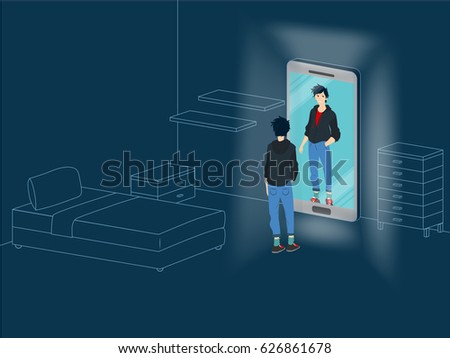 Young boy is reflected in the mirror smart phone alone in his room - Vector conceptual illustration  about social addiction for teenagers