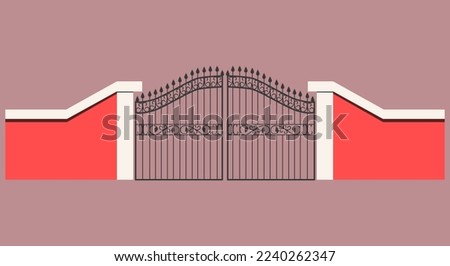 The forged entrance gate is made of pink cement wall. Cast iron forging with roundings and spikes. Vector illustration. A large metal door as an entrance gate. Stock fotó © 