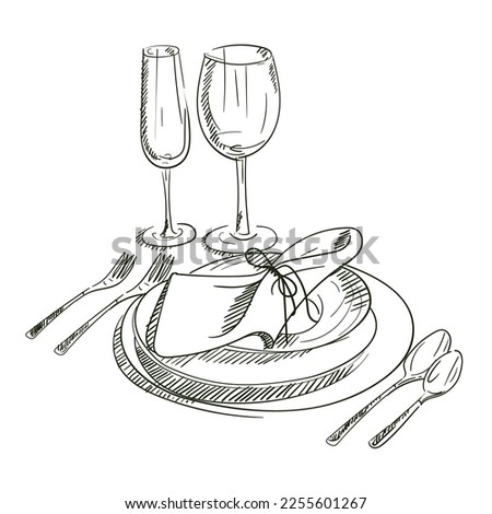 A hand-drawn sketch of a dinner service for a wedding ceremony. Preparation for the wedding ceremony. Plates, champagne glasses, knife, spoon, fork, napkin, wine glass. Serving. On a white background