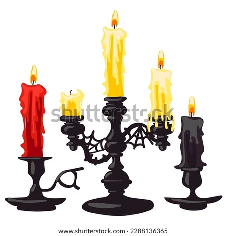 A set of candlesticks and lamps. Vintage black hand lanterns with candles red, yellow, black. Candles for divination. Triple candle holder with a web, single with a handle and without a handle