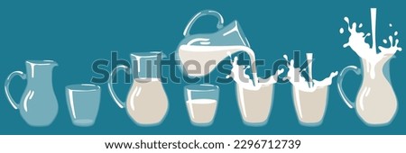 A set of glass glasses, empty jugs and with milk. Filled with liquid. There are full glasses nearby, filling up. Water is poured into a jug. The elements are isolated on a blue background