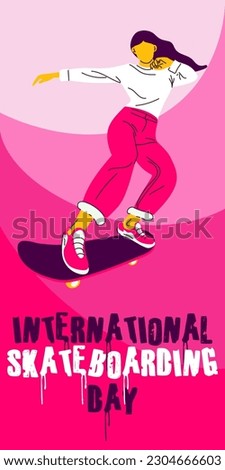 Poster of the International Skateboarding Day. A girl rides a skateboard on a pink background. Skateboard tricks, skateboarding, jumping. Banner with bright people for the holiday on June 21