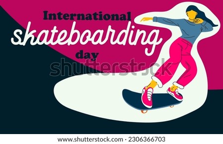 Poster of the International Skateboarding Day. A girl rides a skateboard on a pink and blue background. Skateboard tricks, skateboarding, jumping. Banner with bright people for the holiday on June 21