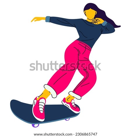 Poster of the International Skateboarding Day. A girl rides a skateboard on a white background. Skateboard tricks, skateboarding, jumping. Banner with bright people for the holiday on June 21