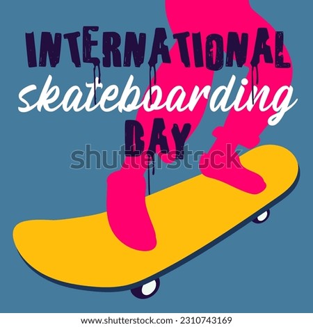 Poster of the International Skateboarding Day. The silhouette of pink legs of a girl with a skateboard rides on a blue background. Skateboard tricks, board riding, jumping. Skateboard on June 21