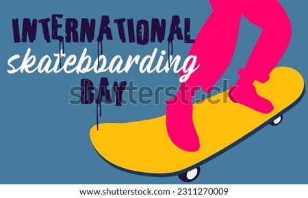 Poster of the International Skateboarding Day. The silhouette of pink legs of a girl with a skateboard rides on a blue background. Skateboard tricks, board riding, jumping. Skateboard on June 21