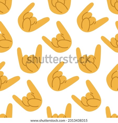 Pattern with Rock n Roll hand sign icon. Cartoon yellow hand with a rock sign on a white background. Printing on textiles and paper. Background for a concert in a simple style. Rock forever