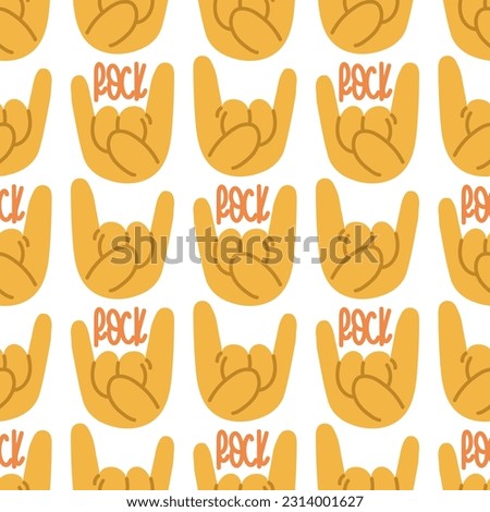 A pattern with a rock and roll hand sign icon. Cartoon yellow hands in a row with a rock sign on a white background with text. Printing on textiles and paper Background for a concert in a simple style