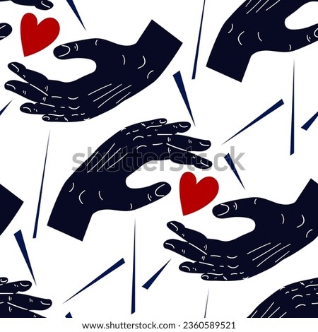 Seamless pattern depicting elements of love protection. two hands protect the heart from sharp lines. Conceptual illustration. Ideal for decorating textile packaging, scrapbooking. Saving Love