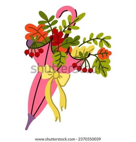 Red umbrella filled with autumn leaves, berries, vector flat illustration on a white background. Autumn bouquet in an umbrella with a bow. A postcard for the Autumn holiday with a pink umbrella