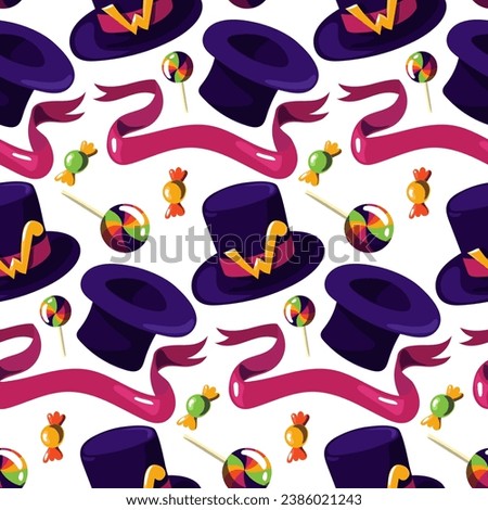 A pattern with a purple hat with sweets and a ribbon with the letter W. The world of the creator of chocolate sweets. The chocolate factory. Seamless ornament on a white background for textiles, paper