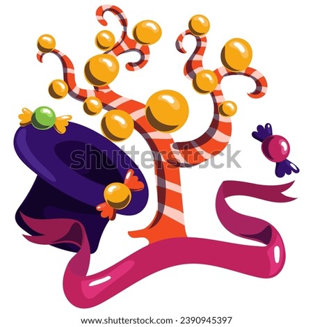 Purple hat and candy. The world of a fantastic pastry chef. Sweet tooth. A hat, a tree with caramels, chocolates, a ribbon in a group on a white background. Sweets of dreams