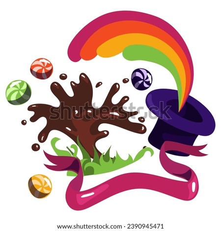 Purple hat with a rainbow. The world of the creator of sweets, chocolate, caramel. The chocolate factory. Chocolate and striped caramels, hat, rainbow, grass, ribbon. Magic sweets, chocolate fountain