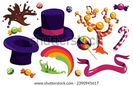 A set from the creator of sweets. Hat, candy, rainbow, grass, chocolate fountain, caramel trees, striped candy on a white background. A collection of parts from a fantastic chocolate factory