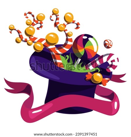 Purple hat with candy. The world of hats with magical sweets. The chocolate factory. A hat with sweets, a ribbon in a group on a white background. Candy grows out of a hat, fantastic