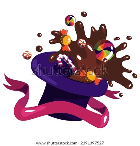 Purple hat with chocolate and sweets. The world of the creator of sweets. The chocolate factory. Chocolate and various candies fly out of a hat with a ribbon in a group on a white, chocolate fountain.