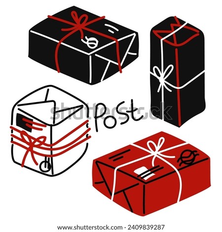 set of packed boxes, parcels with stamps. Everything is packed and delivered on time, mailboxes are tied with thread, individual illustrations, a vector collection of colored boxes. Red, Black, White