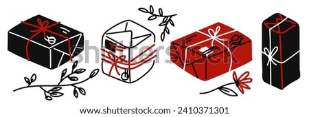 A set of packed boxes, parcels with stamps and flowers. Everything is packed and delivered on time, mailboxes are tied with thread, individual illustrations, a vector collection of colored boxes