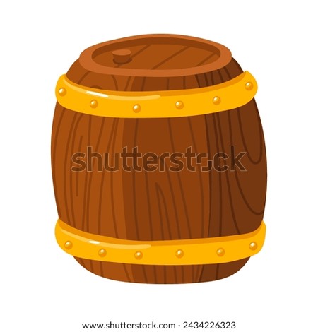 A wooden barrel with gold rings is insulated. A vector image of a container on a white background. Gold elements from pirate treasures, leprechaun wealth from a form of wealth. A large box of coins