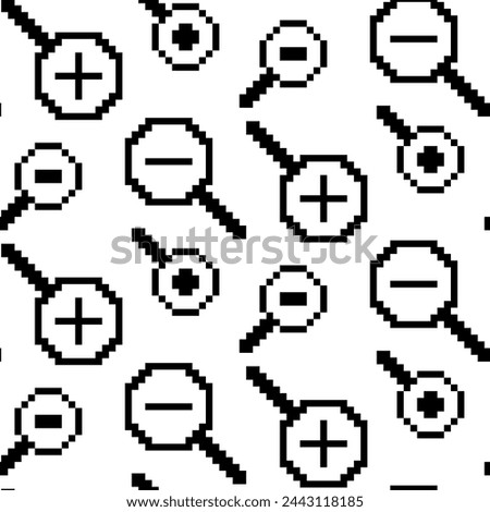 Magnifying glass icon pattern with plus and minus signs in pixels vector illustration in flat style, highlighted on a white background. Symbol of the search or zoom tool is the magnifying glass icon