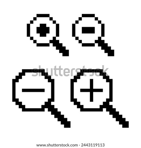 Magnifying glass icon with a plus and minus sign in pixels vector illustration in a flat style, isolated on a white background. The symbol of the search or zoom tool is the magnifying glass icon