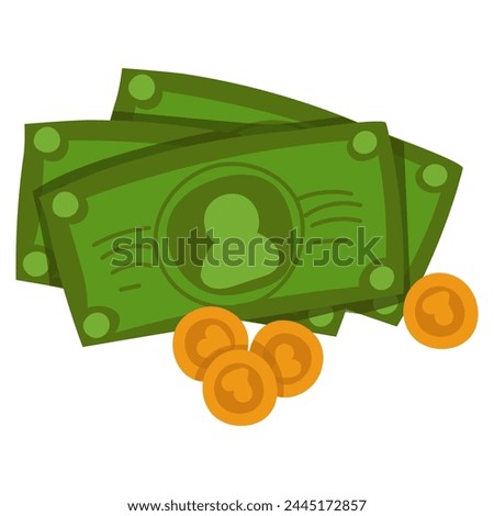 Green bills and coins top view. Dollars and gold cents. A wad of money and some gold coins. View from above. Financial concept. Vector flat illustration on a white background