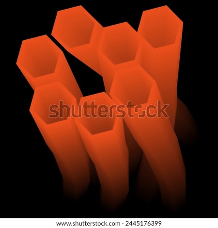 Bright orange tubes in the shape of hundredths are shrinking. The path of bright honeycomb pipes into a black background. Bright shaped isolated vector illustration. Repeated twisted tubes form a line