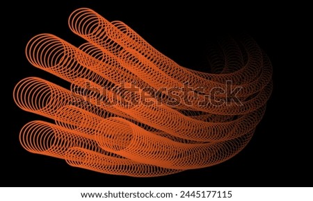 Repeated circles on the reduction are arranged along like a tube. The path of the orange rings into the black background. Bright ring isolated vector illustration. Repeated rings form a line