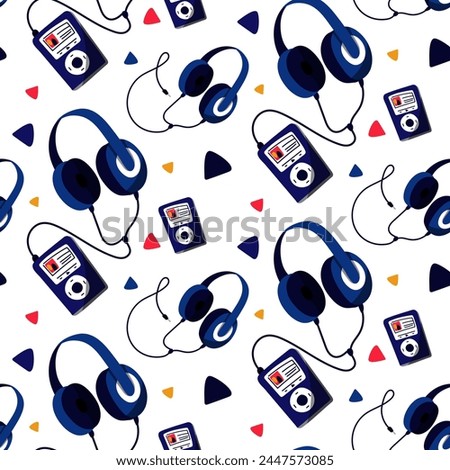 Pattern of headphones on a wire the size of a music player. Wired headphones, headphones with a cord connected to the player, vector illustration in a flat style, repeating on a white. Blue Wired