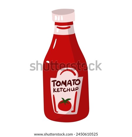 A red ketchup bottle. Sauces for eating. A red jar with a tomato pattern. Suitable for food labels, grocery store windows, fast food menus and food packaging design. Vector isolated illustration