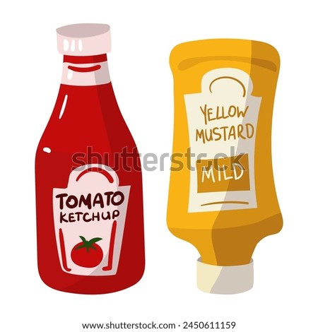 Set of mustard and ketchup sauces. Yellow and red bottle with inscriptions. Isolated sauces. Suitable for branding condiments, advertising picnics, delicatessen menus and cooking blogs. Vector