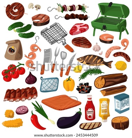 A set of barbecue products. Meat, vegetables, fruits, fish, mushrooms, coals, barbecue, mesh, sauces, shrimp and others. Isolated elements, posters, banners with a place to copy. On a white