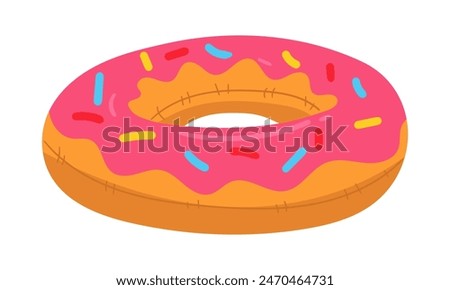 A donut-shaped swimming circle, a large floating inflatable pastry with icing. This colorful inflatable pillow float is perfect for a summer themed pool party. Isolated vector illustration