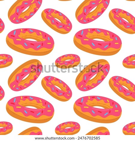 A pattern with a donut-shaped swimming circle and icing, a large inflatable pastry with icing. This colorful inflatable float pillow is perfect for a summer themed pool party. Seamless texture