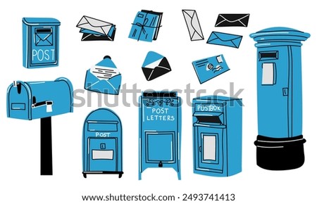 Mailboxes, set of mailboxes for blue letters. Various mailboxes, an envelope with mail, a postcard. Modern hand-drawn vector illustration. Individual design elements. Delivery, message, communication