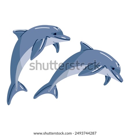 Flat two blue dolphins in a jump. Cute dolphins jumping on a white. An oceanic aquatic animal is a dolphin. Vector flat or cartoon illustration isolated on white. Cute illustration of a marine animal