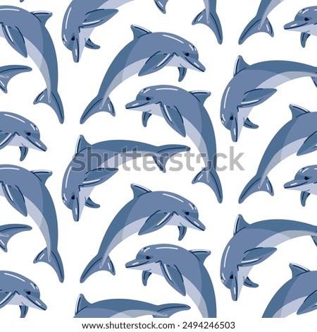 Seamless vector pattern of a blue dolphin in cartoon style. Suitable for baby wallpapers, baby bedspreads, can be printed on fabric for baby clothes. A marine-themed texture with large dolphins