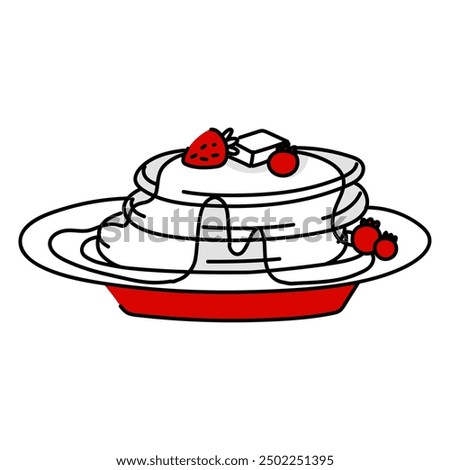 flat illustration of delicious fluffy pancakes lying on a plate. Pancakes are doused with maple syrup and decorated with fresh berries. Illustration is made in red and white with a thin black outline