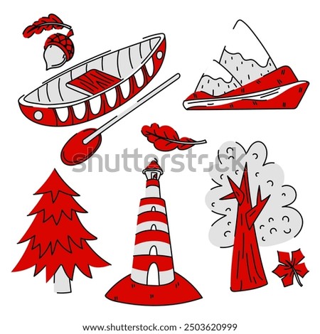 Flat vector illustration of Canadian nature, stylized as the Canadian flag. Canoe, spruce, oak, fir tree, oak, acorn, lighthouse, maple leaf. All elements are made in red, white with a black outline