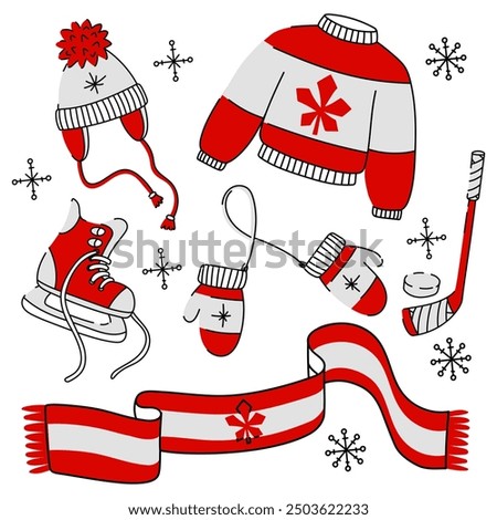 Flat doodle illustration of a winter sports kit in Canadian colors. Hockey skates a stick with a puck, a sweater, a scarf, a hat and mittens. Elements are made in red and white, snowflakes around