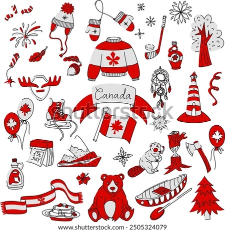 Set of vector illustrations on the theme of Canada Day in flat style in the colors red, white, black. Individual objects, animals on a white background. Ideal for creating souvenirs, decorative doodle