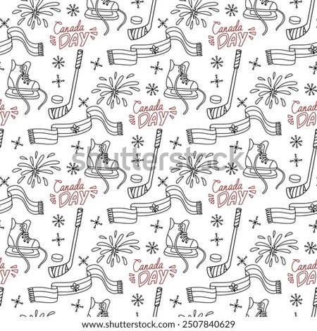 pattern with elements of doodle winter sports in a Canadian theme. Hockey skates, a stick with a puck, a scarf, fireworks, Canada Day. elements are made in red, white tones, around snowflakes. Doodle