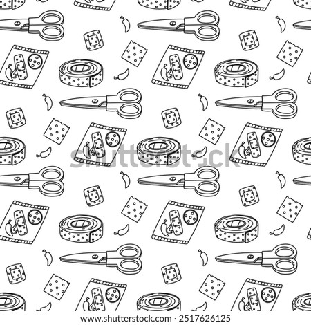 doodle patches pattern. scraps, a roll, piece, pack of adhesive tape, scissors. Elements with a breathable surface. an insulating strip to cover scratches. We cut off a strip of fabric with scissors