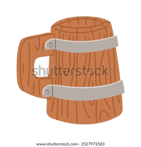 Wooden beer mug with handle for liquid and water. A flat insulated container with a handle. A wooden object is a mug, a glass with a handle. The wooden form is tied with metal plates