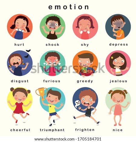 Variety of emotions children, kids face with different expressions. vector, illustration Foto d'archivio © 