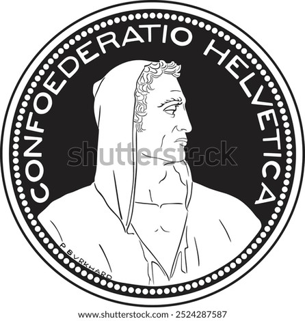 Switzerland 5 francs coin 1926 vector design handmade silhouette.	