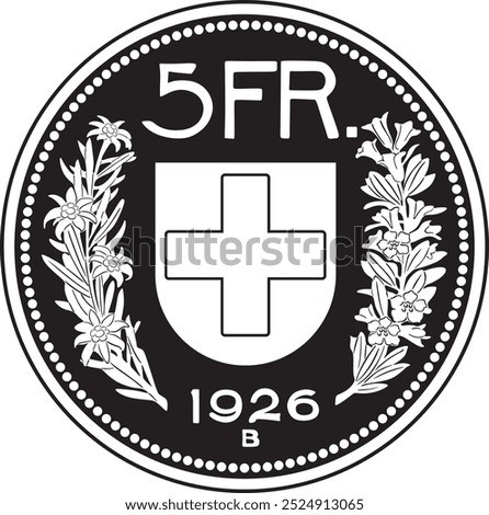 Switzerland 5 francs coin 1926 vector design handmade silhouette.