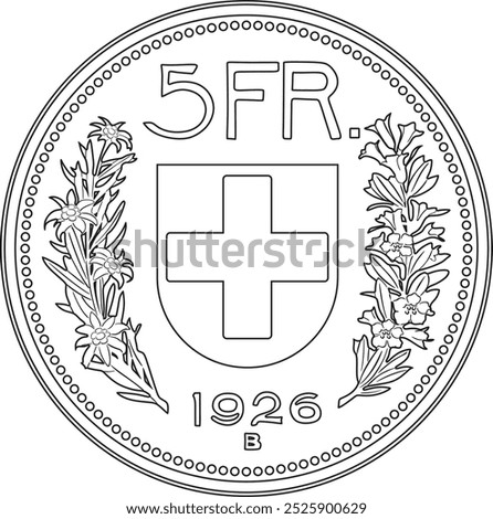 5 francs coin Switzerland currency handmade vector design line art.	