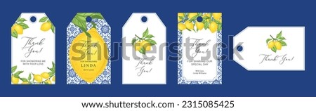 Set of wedding and bridal shower labels. Blue tiles, lemons and green leaves. Perfect for invitations, cards with gratitude, decoration for presents and drinks. Vector illustration.