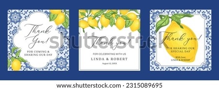 Set of wedding and bridal shower cards. Blue tiles, lemons and green leaves. Perfect for invitations, cards with gratitude, decoration for presents and drinks. Vector illustration.